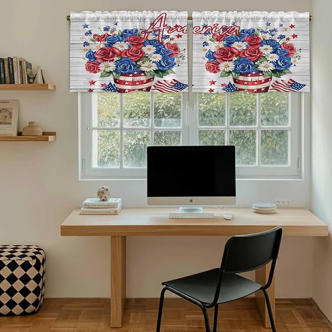 Independence Day Kitchen Tier Curtains 24 Inch Long 2 Panel Set,Rod Pocket Cafe Small Window Curtains Over Sink,4 of July Rose Wooden Grain Vintage Light Filtering Short Drapes 27.5"W x 24"L