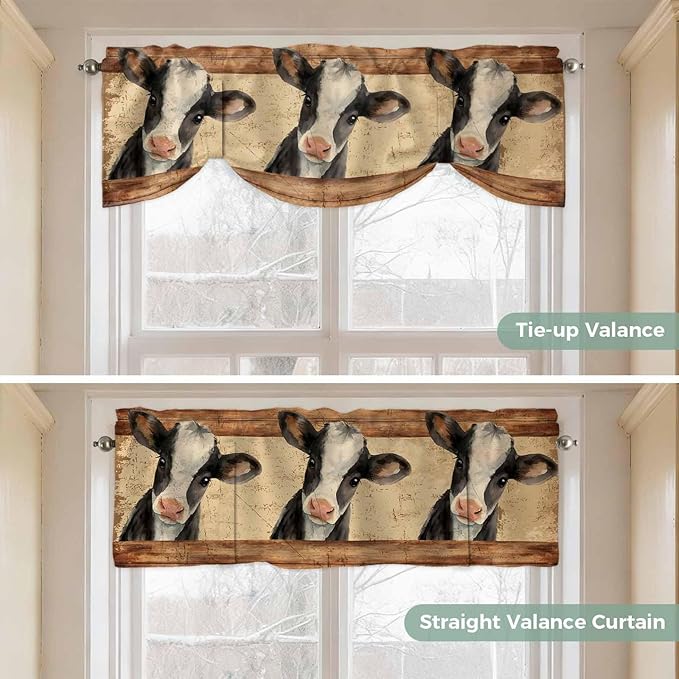 Farmhouse Cow Tie Up Valance Curtains for Windows, Kitchen Curtains Window Shades, Country Vintage Animals Wooden Grain Light Filtering Roman Curtain Valances for Bedroom/Bathroom/Cafe 42"x12"