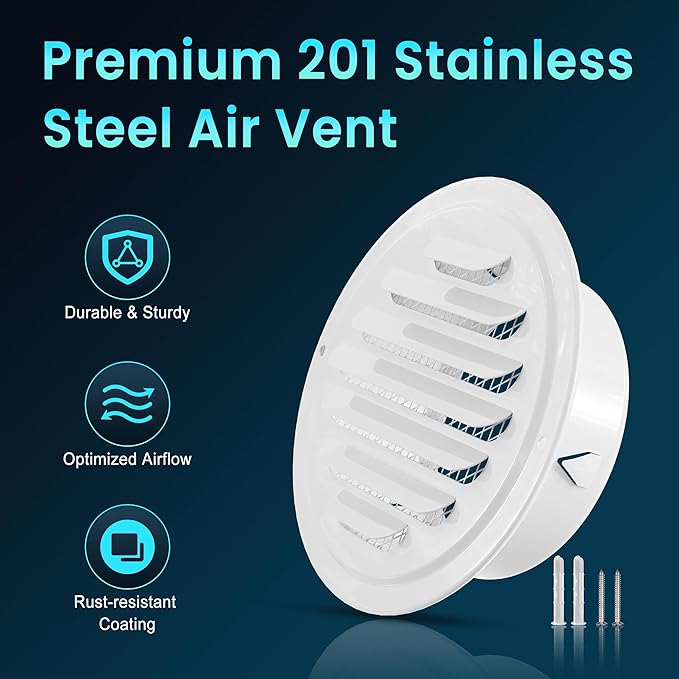 HG Power 4 Inch Stainless Steel Soffit Vents Cover - Round Exhaust Vent with Mesh Screen for Indoor/Outdoor Use in Homes, Offices, Factories, 2-Pack, White