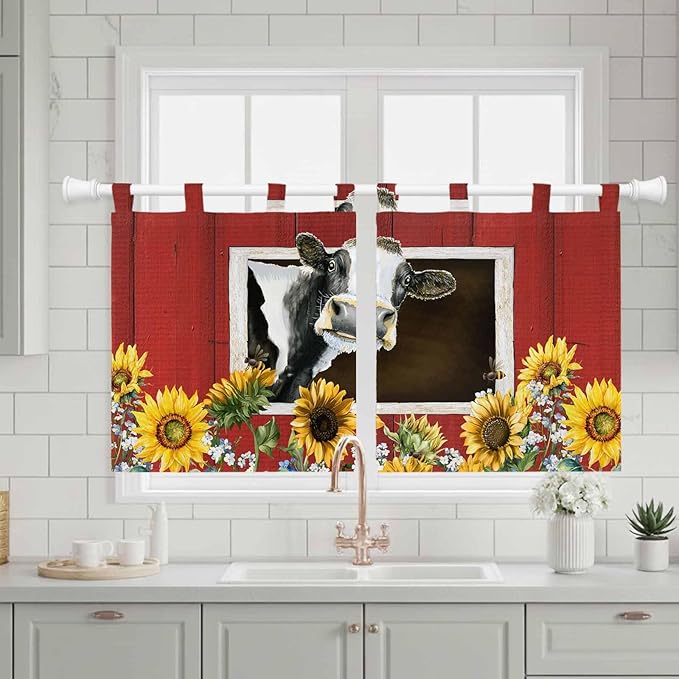 Cows Sunflowers Kitchen Curtains 24 Inch Length, Small Window Curtains Tab Top, Spring Botanical Floral Bees Red Barn Light Filtering Short Window Treatments Tier Drapes 27.5"x24" 2 Panel