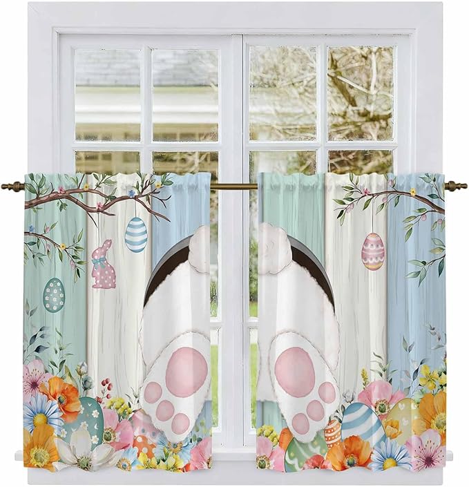 Easter Kitchen Curtains 45 Inch Long 2 Panel Set,Rod Pocket Window Treatment,Spring Watercolor Bunny Eggs Wood Grain Teal Blue Light Filtering Short Curtains & Drapes for Bathroom Laundry 52"W x 45"L