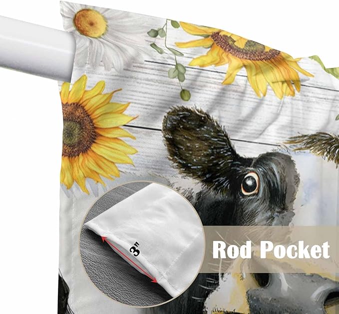 Retro Farmhouse Floral Swag Valances for Windows, Yellow Sunflowers Cows Butterfly Wood Rod Pocket Kitchen Curtains Valance, Kitchen Window Curtains Swag for Cafe Living Room, 2 Panels, 36x63 inch