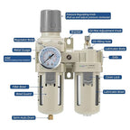 1/2" NPT Air Compressor Oil-Water Separator,Air Pressure Regulator,Compressed Air Filter Regulator Lubricator,Semi-Automatic Drain Polyethylene Bowl (0-150 PSI) Brass Components