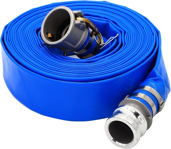 DAVCO 3" ID × 50 ft Pool Backwash Hose, Heavy Duty Reinforced Blue PVC Lay Flat Water Discharge Pump Hoses For Swimming Drain Pools and Clean Filters, with Aluminum Camlock C and E Fittings
