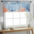 Ocean Corals Sheer Valance Curtains, Summer Beach Coral Sea Stars Blue Stripes Light Filtering Kitchen Valances Rod Pocket Voile Curtain Window Treatment for Bedroom/Living Room/Basement 60Wx18L
