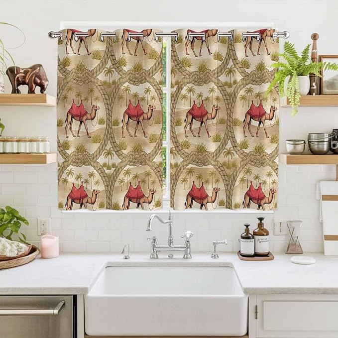2 Panel Kitchen Cafe Curtains, Desert Camels Sunlight Filtering Nature Air Through, Home Decor Window Covering Tier Curtains for Living Room 104W x 72L inch Tropical Palm Trees Sand Cords Brown