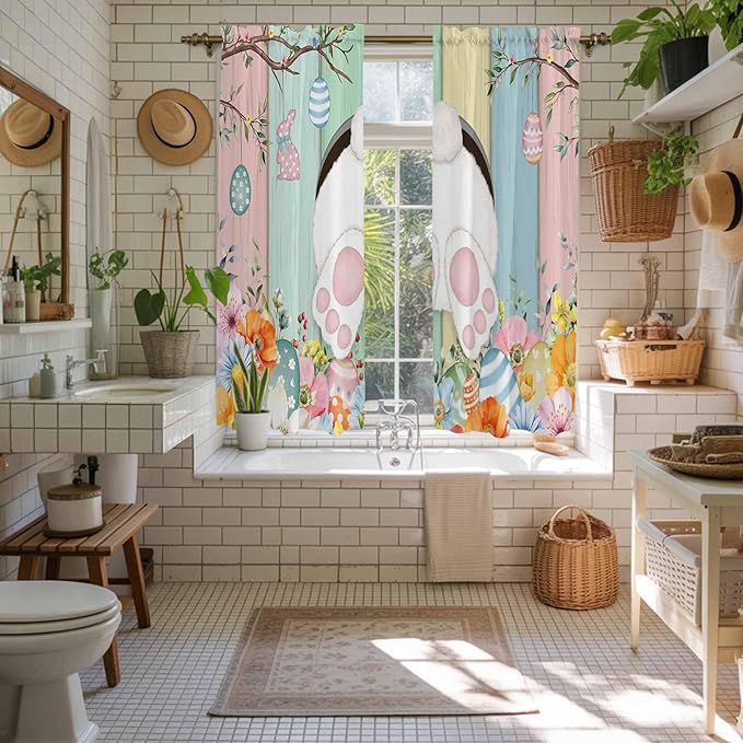 Easter Window Curtains 63 Inch Long 2 Panel Set, Rod Pocket Bedroom Curtains & Drapes, Spring Colorful Bunny Eggs Flower Wood Grain Light Filtering Window Treatment for Living Room 42"W x 63"L