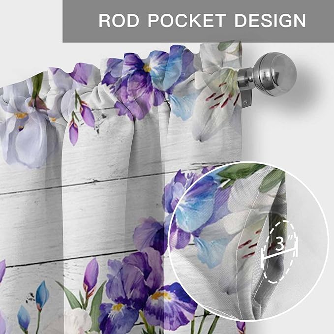 Spring Flowers Curtain Valances for Windows, Kitchen Valance Window Treatment, Watercolor Garden Florals Wooden Grain Light Filtering Block Curtains for Bathroom/Bedroom/Living Room 54'' x 18''