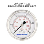 MEASUREMAN 2-1/2inch Dial Size, Glycerin Filled Pressure Gauge, 0-100psi/kpa, 304 Stainless Steel Case, 1/4 Inch NPT Center Back Mount
