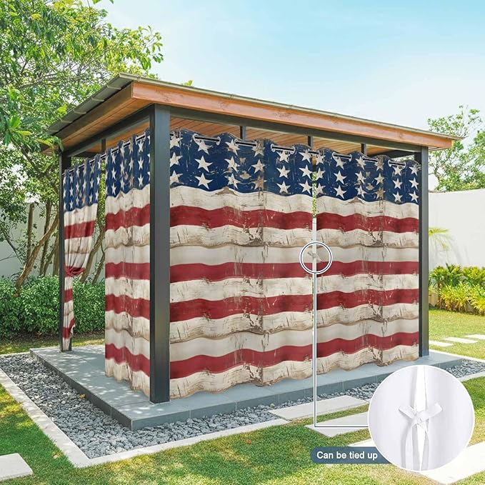 4th of July Outdoor Curtains for Patio USA Flag Independence Day Vintage Waterproof Outside Curtains with Grommet Top Weatherproof Curtain for Cabana Pergola Gazebo, 1 Panel, 54" W x 95" L