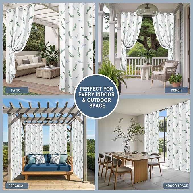 Leaf Outdoor Curtains for Patio Summer Jugal Leaves Pastoral Plant Waterproof Outside Curtains with Grommet Top Weatherproof Curtain for Cabana Pergola Gazebo, 2 Pack, 54" W x 108" L