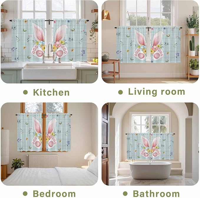 Easter Kitchen Curtains 54 Inch Long 2 Panel Set, Rod Pocket Window Curtains Panels, Spring Rabbits Ears Feet Flowers Wooden Grain Light Filtering Drapery Draperies for Bathroom Bedroom 52"W x 54"L