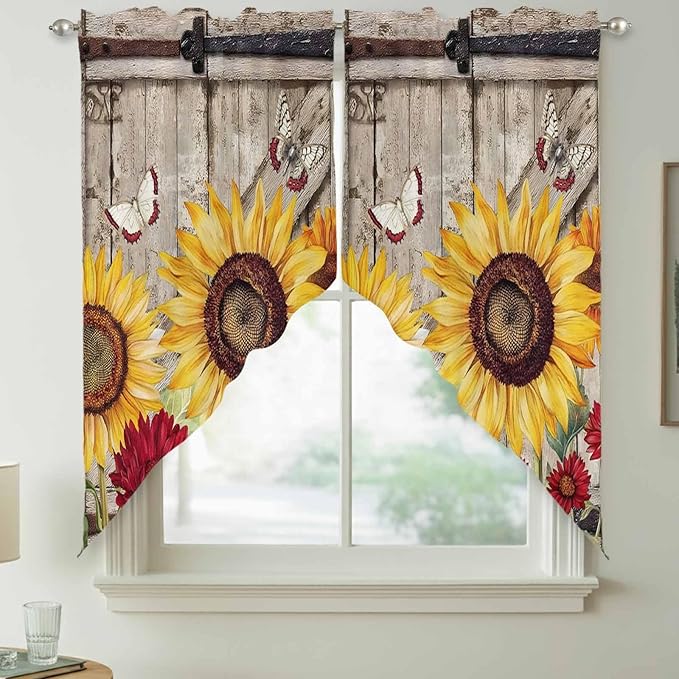Sunflowers Swag Valances for Windows, Retro Flower Barn Doors Butterfly Farmhouse Brown Rod Pocket Kitchen Curtains Valance, Small Window Curtains Swag for Cafe Living Room, 2 Panels, 28x36 inch