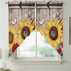 Sunflowers Swag Valances for Windows, Retro Flower Barn Doors Butterfly Farmhouse Brown Rod Pocket Kitchen Curtains Valance, Kitchen Window Curtains Swag for Cafe Living Room, 2 Panels, 36x63 inch
