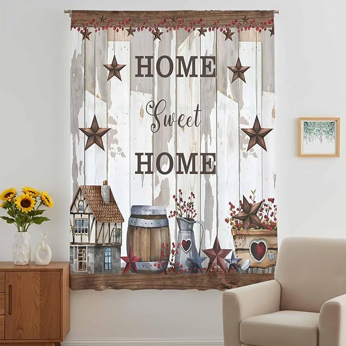 Farmhouse Sheer Curtains 54 Inch Length Retro Country Star Berry Vintage Wood Grain Chiffon Curtain for Bedroom Living Room Light Filtering Window Treatments Voile Curtains Drapes for Kitchen
