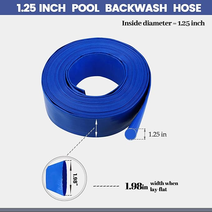 Eastrans 1-1/4''x100ft Blue PVC Lay-Flat Backwash Hose for Swimming Pools, Heavy Duty Discharge Hose Reinforced Pool Drain Hose, Weather Resistant Ideal for Water Transferring