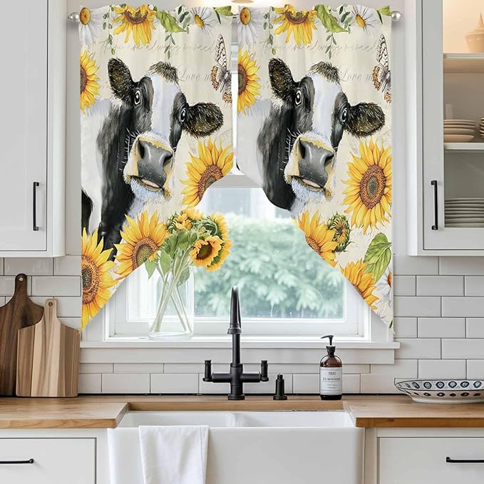 Yellow Sunflowers Swag Valances for Windows, Country Cow Flower Butterfly Farmhouse Cream Rod Pocket Kitchen Curtains Valance, Small Window Curtains Swag for Cafe Living Room, 2 Panels, 36x36 inch