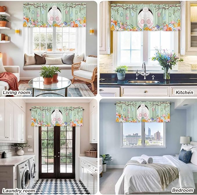 Easter Curtain Valances for Windows, Kitchen Valance Window Treatment, Spring Watercolor Bunny Eggs Wooden Grain Green Light Filtering Block Curtains for Bathroom/Bedroom/Living Room 54'' x 18''