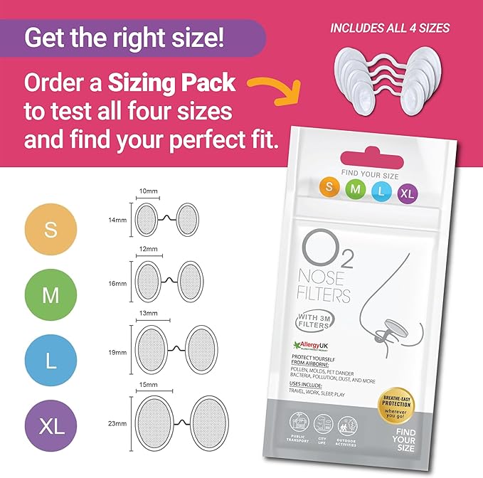 O2 Nose Filters with 3M Filtration - Nasal Screens for Allergies, Dust & Smoke - Drug-Free & Latex-Free Nose Filters - Invisible Allergy Protection (Trial Pack 4 Sizes)