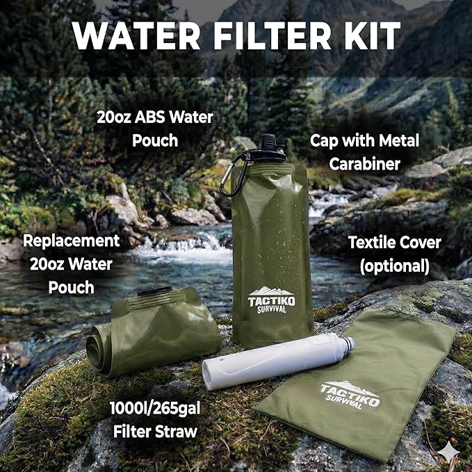 2-Pack Tactiko Survival 20oz/600ml Filtered Water Bottle Kit - Purify 265 Gal. Water from Rivers, Lakes & Streams - SGS Certified - UF Membrane, Activated Carbon - Camping, Emergency (Green/Black)