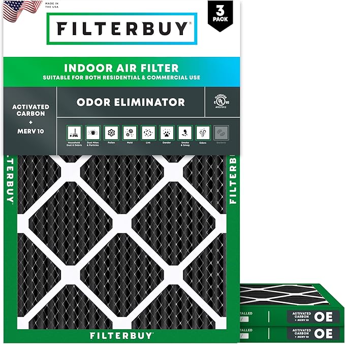 Filterbuy 24x25x1 Air Filter MERV 10 Odor & Allergy Defense with Activated Carbon (3-Pack), Electrostatic Pleated HVAC AC Furnace Filters Replacement, Made in USA (Actual Size: 23.88 x 24.88 x 0.75)