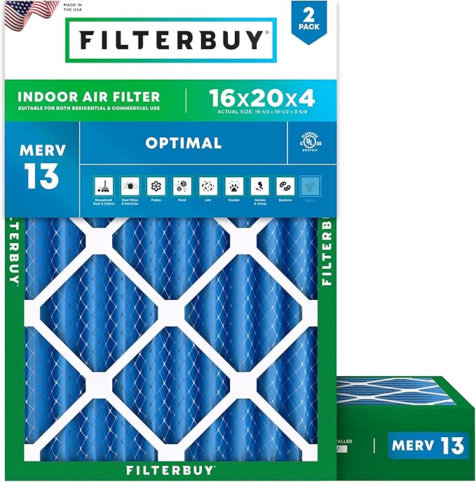 Filterbuy 16x20x4 Air Filter MERV 13 Optimal Smoke & Allergy Defense (2-Pack), Electrostatic Pleated HVAC AC Furnace Filters Replacement, Made in USA (Actual Size: 15.50 x 19.50 x 3.63)