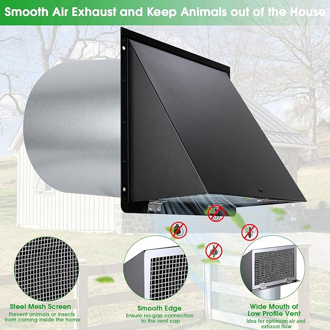 4 Inch Dryer Vent Cover Outside,4" Dryer Vent Cover Outdoor,Dryer Wall Vent Exhaust Vent Cover,Hooded Wall Vent with Screen & Damper,Exterior Dryer Vent Hood Cap for Duct,Exhaust Fan,Galvanized Steel