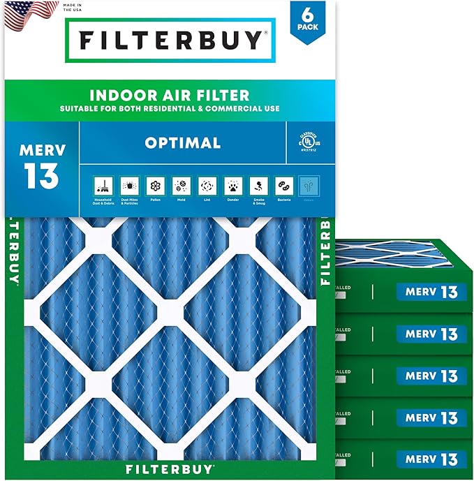 Filterbuy 15x20x2 Air Filter MERV 13 Optimal Smoke & Allergy Defense (6-Pack), Electrostatic Pleated HVAC AC Furnace Filters Replacement, Made in USA (Actual Size: 14.50 x 19.50 x 1.75)