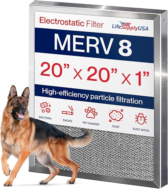 20x20x1 Electrostatic Air Filter, MERV 8, Washable, Reusable Furnace AC/HVAC Filter, Energy Saving, Easy to Clean, Long-Lasting by LifeSupplyUSA