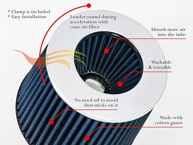 BLUE 2.75" 70 mm Inlet Cold Air Cone Replacement Performance Washable Clamp-On Dry Air Filter