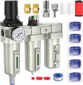 3/4" NPT Air Compressor Water Separator, Industrial Grade 3 Stage Air Drying System with 0-240 PSI Air Regulator, Particulate Filter, Coalescing Filter, Desiccant Dryer, Metal Bowl, Auto Drain