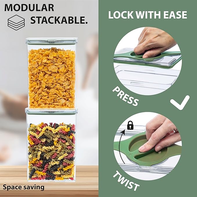 4-Pack Airtight Pantry Containers, 1.9 QT / 1.8 L Clear Food Storage Jars with Leakproof Twist-Lock Lids, Detachable Lid for Easy Cleaning, Cereal, Pasta, Rice, Oats, Snack Storage Sand