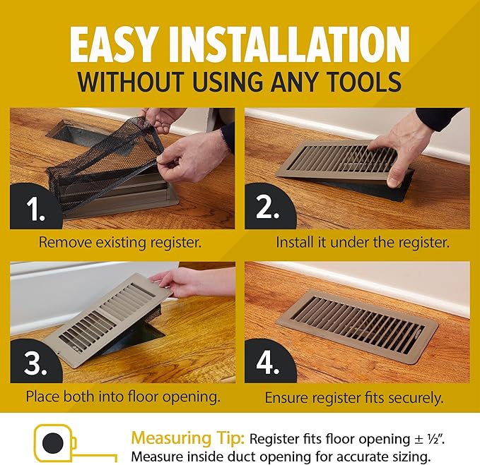 HAAK - Floor Vent Cover Trap, Durable Screen That Attaches Easily to Vent Covers for Home Floor, 4-Pack Air Vent Filters for Trapping Debris, Easy to Install and Remove, 4 x 12 inches Each