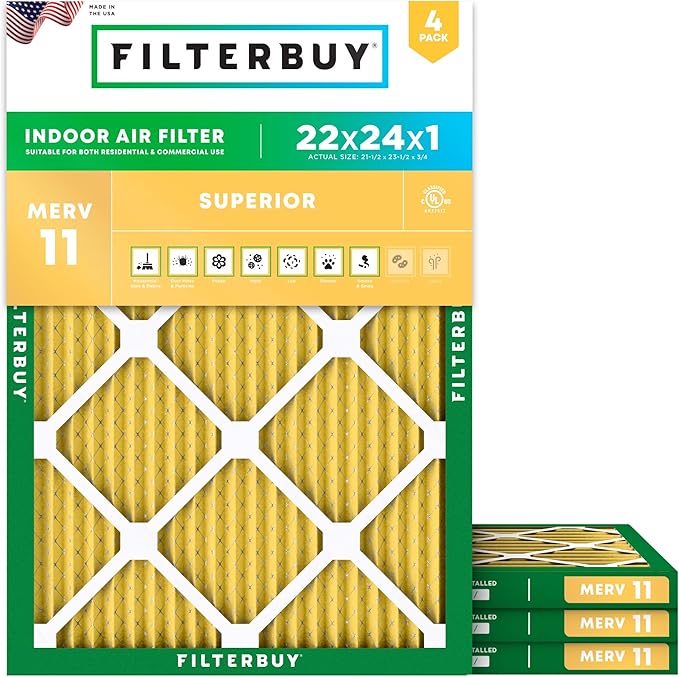 Filterbuy 22x24x1 Air Filter MERV 11 Superior Pet & Allergy Defense (4-Pack), Electrostatic Pleated HVAC AC Furnace Filters Replacement, Made in USA (Actual Size: 21.50 x 23.50 x 0.75)