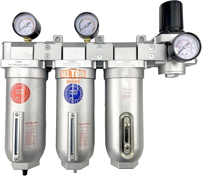 1" NPT SUPER DUTY Industrial Grade 4 Stages Filter Coalescing Desiccant Dryer Regulator System For Compressed Air Lines, Metal Bowls, Great For Paint Spray And Plasma Cutter (AUTO DRAIN)