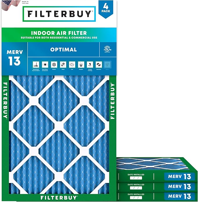 Filterbuy 8x30x1 Air Filter MERV 13 Optimal Smoke & Allergy Defense (4-Pack), Electrostatic Pleated HVAC AC Furnace Filters Replacement, Made in USA (Actual Size: 7.50 x 29.50 x 0.75)