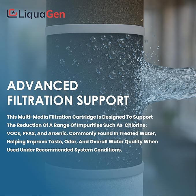 LiquaGen Activated Alumina + Carbon + KDF-55 Replacement Water Filter Cartridge – Helps Manage Fluoride, Chlorine & Taste, Refillable 2.5" x 10", 2.5" x 20", 4.5" x 10", 4.5" x 20" (4, 4.5" x 10")