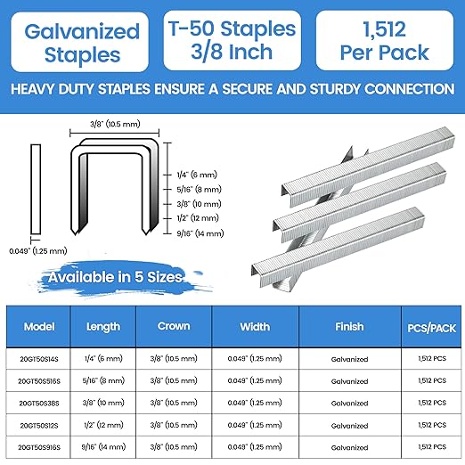 meite T-50 Heavy Duty Staples, 3/8 Inch Galvanized T-50 Staples for Staple Gun, 20 Gauge 3/8 Inch Crown Staple for Upholstery, Construction, Furniture (1 Case)