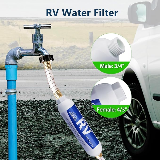 RV Water Filter - Inline Water Filter with 2 Hose Protector and 90 Degree Hose Elbow - NSF & ANSI 42 Certified - Camping Essentials for Reducing Odors, Bad Taste, Chlorine and Rust (3 Pack)