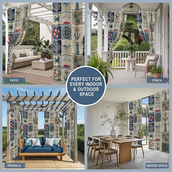 Oceans Outdoor Curtains for Patio Shell Starfish Whales Summer Vintage Waterproof Outside Curtains with Grommet Top Weatherproof Curtain for Cabana Pergola Gazebo, 1 Panel, 54" W x 108" L