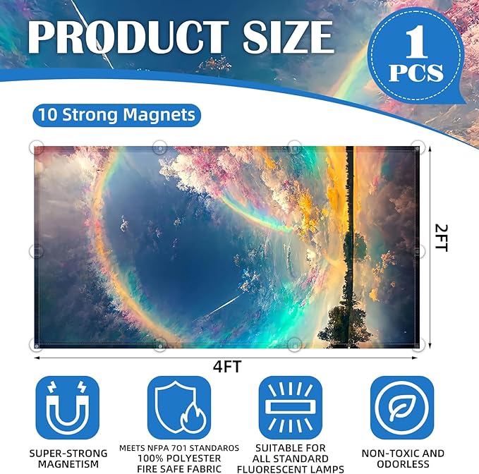 Fluorescent Light Covers - Classroom Covers for Ceiling Lights, 1 PCS 4 x 2 Feet Magnetic Light Filters, Classroom, Office Decor (Auspiciousness Clouds)