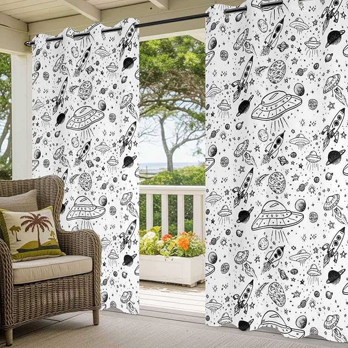 Cartoon Space Outdoor Curtains for Patio Rockets Astronauts Planets Black Waterproof Outside Curtains with Grommet Top Weatherproof Curtain for Cabana Pergola Gazebo, 1 Panel, 54" W x 84" L
