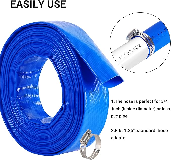 1-1/4" x 50 FT Pool Backwash Hose, Blue Heavy Duty Reinforced PVC Lay Flat Water Discharge Hose for Swimming Pool Filter Pump,with 2 Clamp