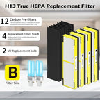 4 pack FLT4825 HEPA Replacement Filter B ＆ LB4000 Bulb for Guardian AC4825, AC4300, AC4850, AC4800, AC4820, AC4900 Air Cleaner Purifier, 4 HEPA Filters +12 Carbon filters+ 2 lb4000 uv bulb