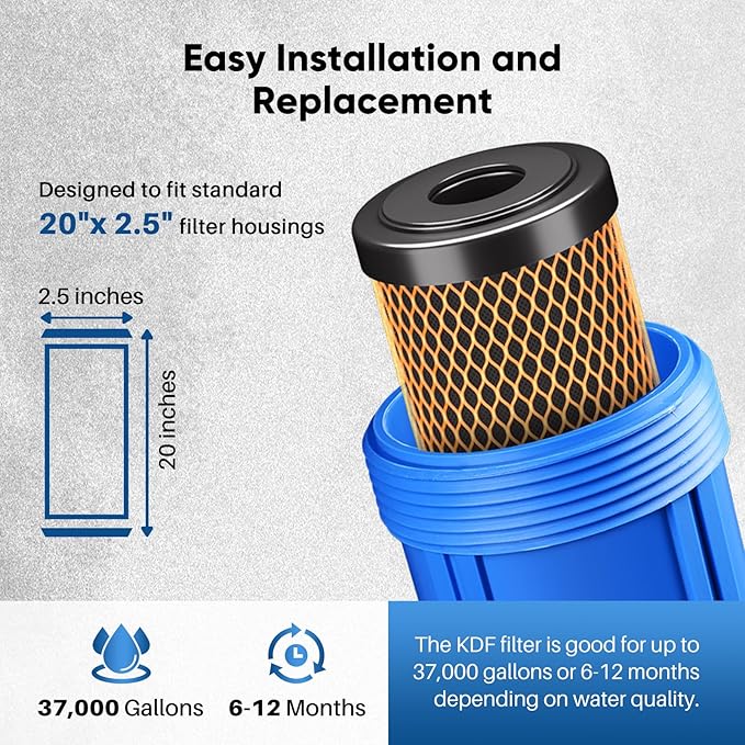 PUREPLUS 5 Micron 20" x 2.5" Whole House Coconut Shell Activated Carbon and KDF Water Filter, Heavy Metal Removal Replacement Water Filter, Compatible with C1-20, EP-20, HX-CB-25-2010, F3WCB32,2PACK