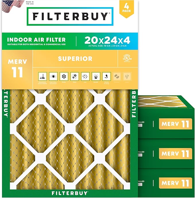 Filterbuy 20x24x4 Air Filter MERV 11 Superior Pet & Allergy Defense (4-Pack), Electrostatic Pleated HVAC AC Furnace Filters Replacement, Made in USA (Actual Size: 19.38 x 23.38 x 3.63)