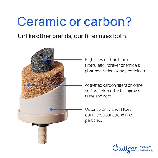 Culligan MaxClear 3 Gallon Gravity Water Filter System, Brushed Stainless-Steel Countertop Water Filter NSF/ANSI Certified to Reduce Microplastics, Lead & Total PFAS, with 1 Ceramic Filter