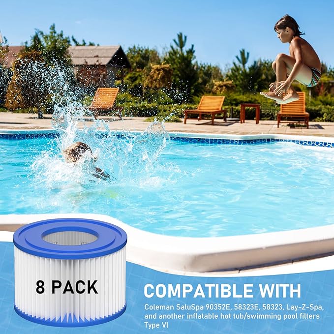 Type VI Hot Tub Filter Cartridge Compatible with Lay-Z-Spa, Coleman SaluSpa 90352E, 58323E, 58323 Swimming Pool Pump (8 Pack)