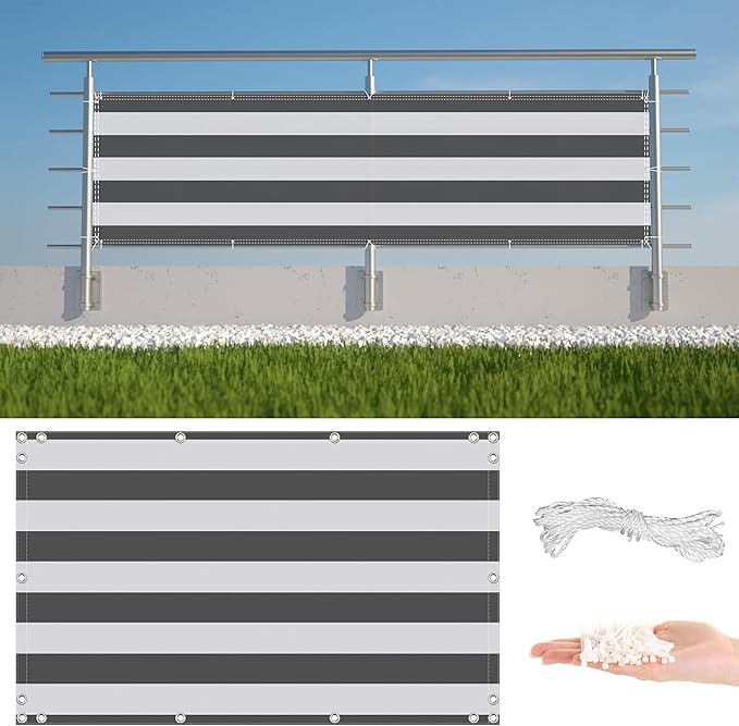 Privacy Screen Protector 9.8' x 32.8' UV-Protection Wind-Resistant Patio Privacy Screens for Balcony, Includes Cable Ties for Porch Deck Backyard Patio Garden, Gray Stripes