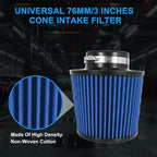 Cold Air Intake Filter High Performance Washable Filter Clamp-On Replacement Air Filter Flange Diameter 3inch/76mm Blue